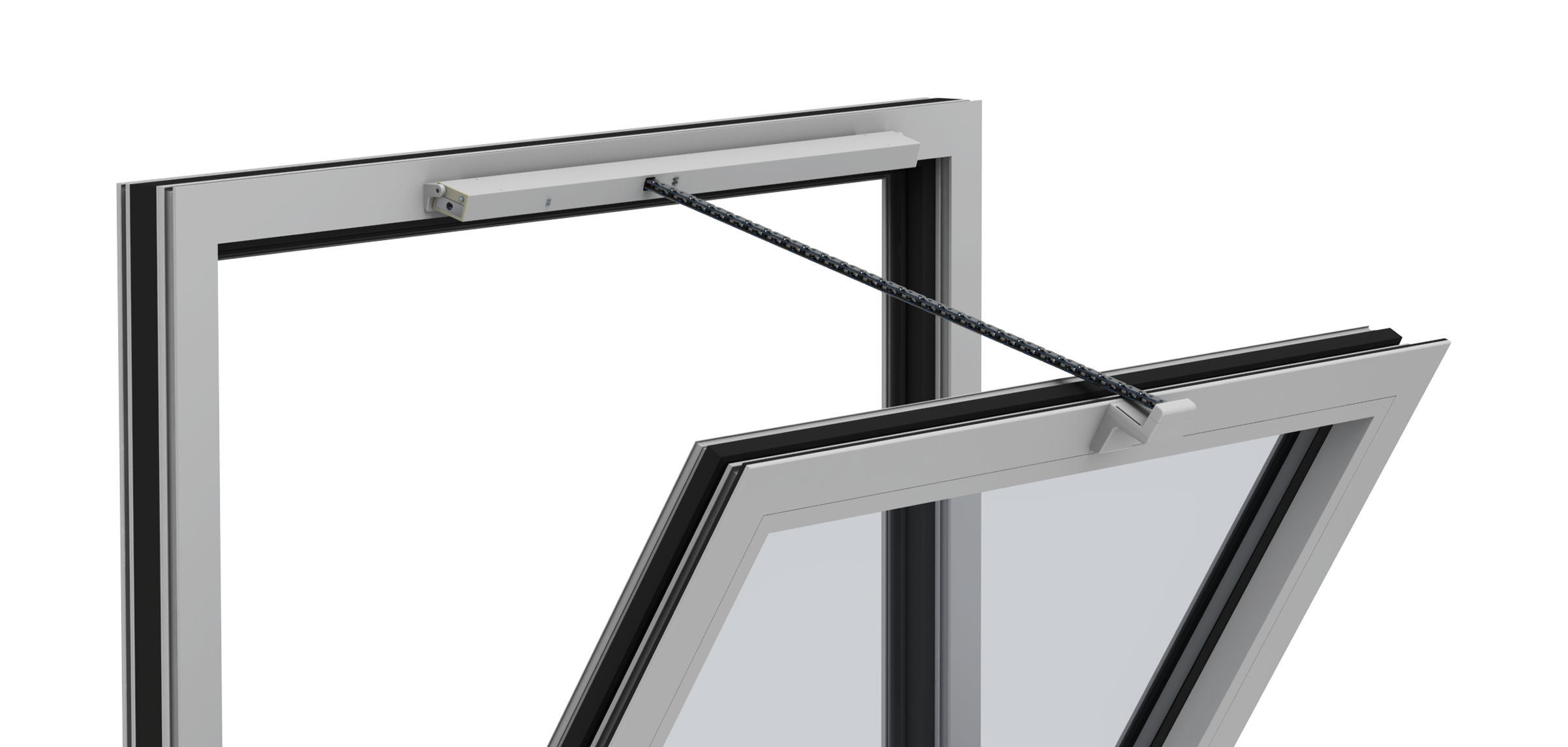 Kingspan STG Kettenantrieb CDs – kompakter 24 V DC Fensterantrieb für aufgesetzte Montage, mit wartungsfreier Edelstahlkette, integrierter Synchronsteuerung für bis zu vier Antriebe, ideal für natürliche Lüftung und Rauchabzug.