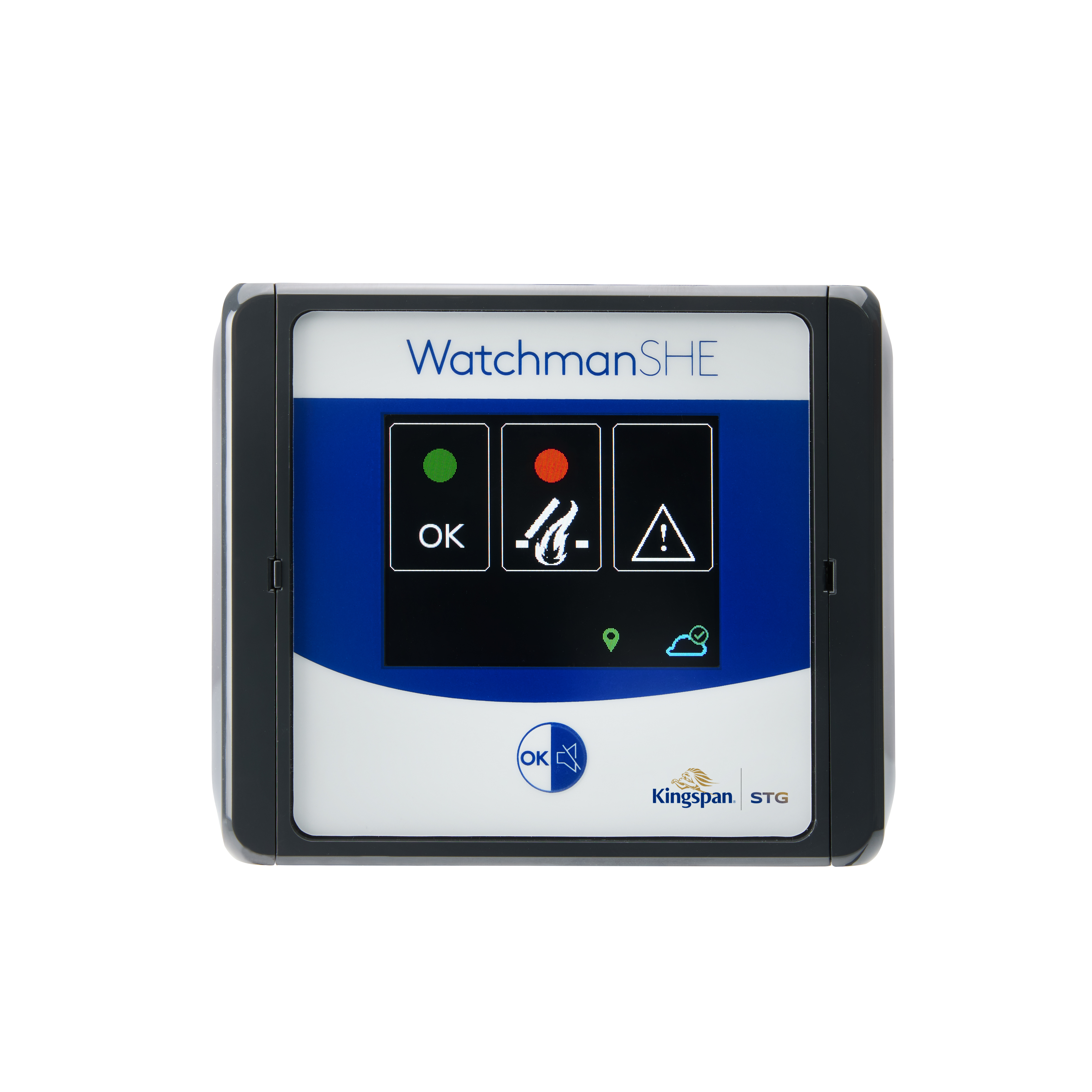 WatchmanSHE Fernüberwachungssystem für RWA-Steuerungen – Echtzeit-Statusübertragung mit USV und LED-Anzeige Das Bild zeigt das WatchmanSHE Fernüberwachungsmodul von Kingspan STG, montiert in einer RWA-Anlage. Die LEDs signalisieren den aktuellen Zustand der Steuerung, während die integrierte Kommunikationseinheit den Status in Echtzeit an die Kingspan Cloud übe