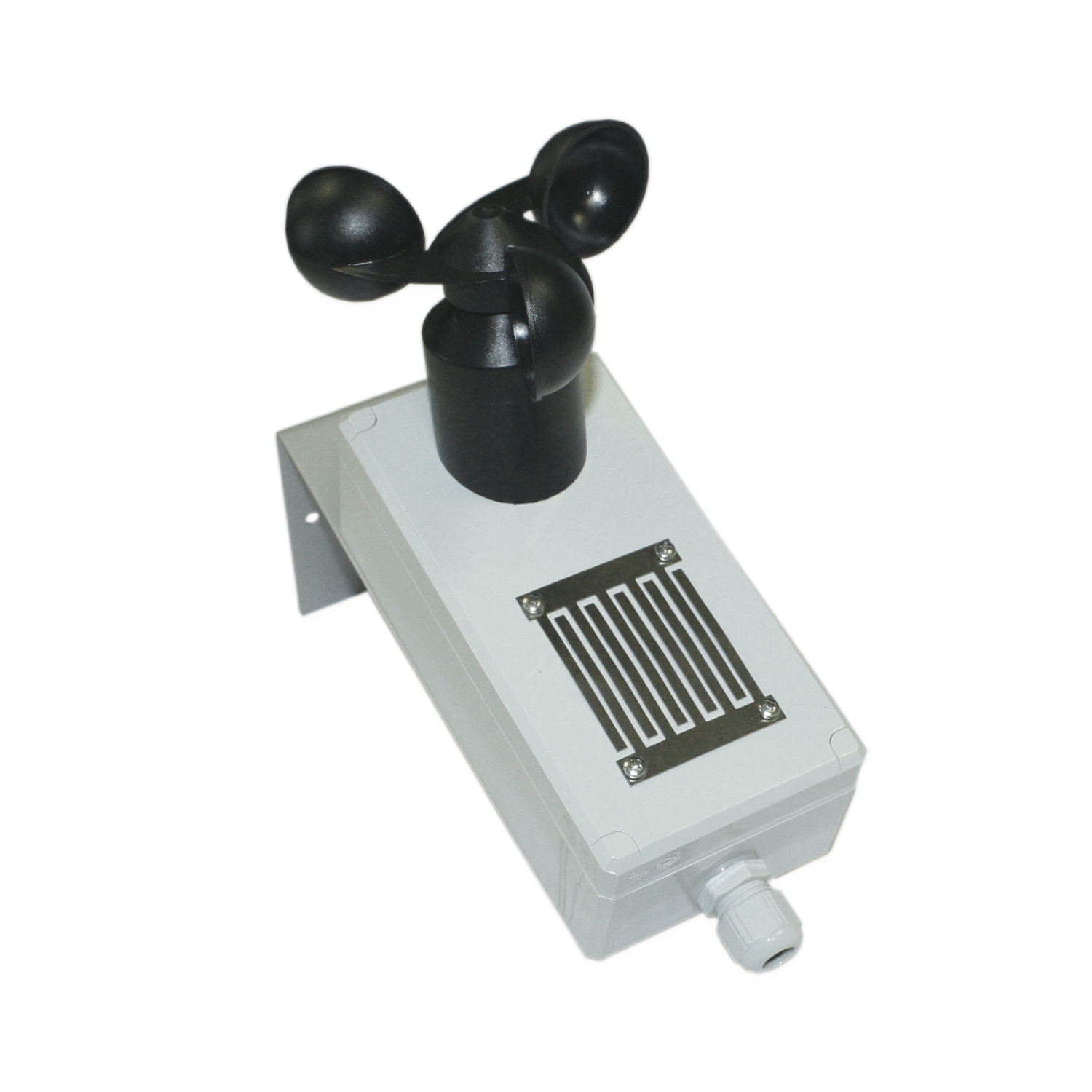 WRM/2 24V – Kombinierter Wind- und Regenmelder Wind- und Regenmelder WRM/2 24V mit kompaktem Gehäuse, integriertem Windrad zur Windmessung und beheizter Sensorfläche zur Regen- und Feuchtigkeitserkennung. Montiert auf einem Winkelhalter für die Außeninstallation, geeignet für RWA- und Lüftungssysteme.