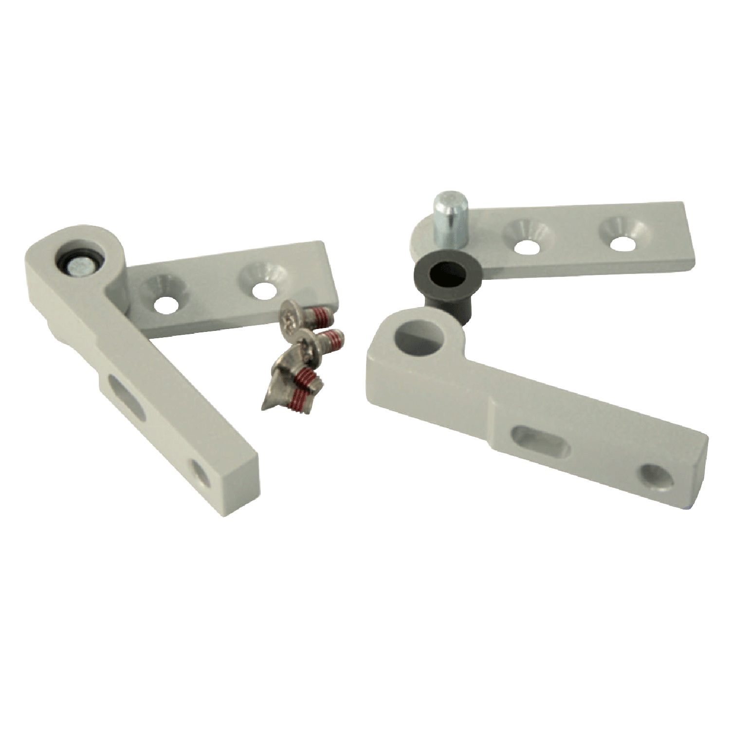 Schwenkkonsole SBLM aus Metall, bestehend aus zwei Drehplatten und zwei Lagerwinkeln mit Lagerbuchsen, montiert zur beweglichen Befestigung eines Kettenantriebs an einem Kippfensterflügel.