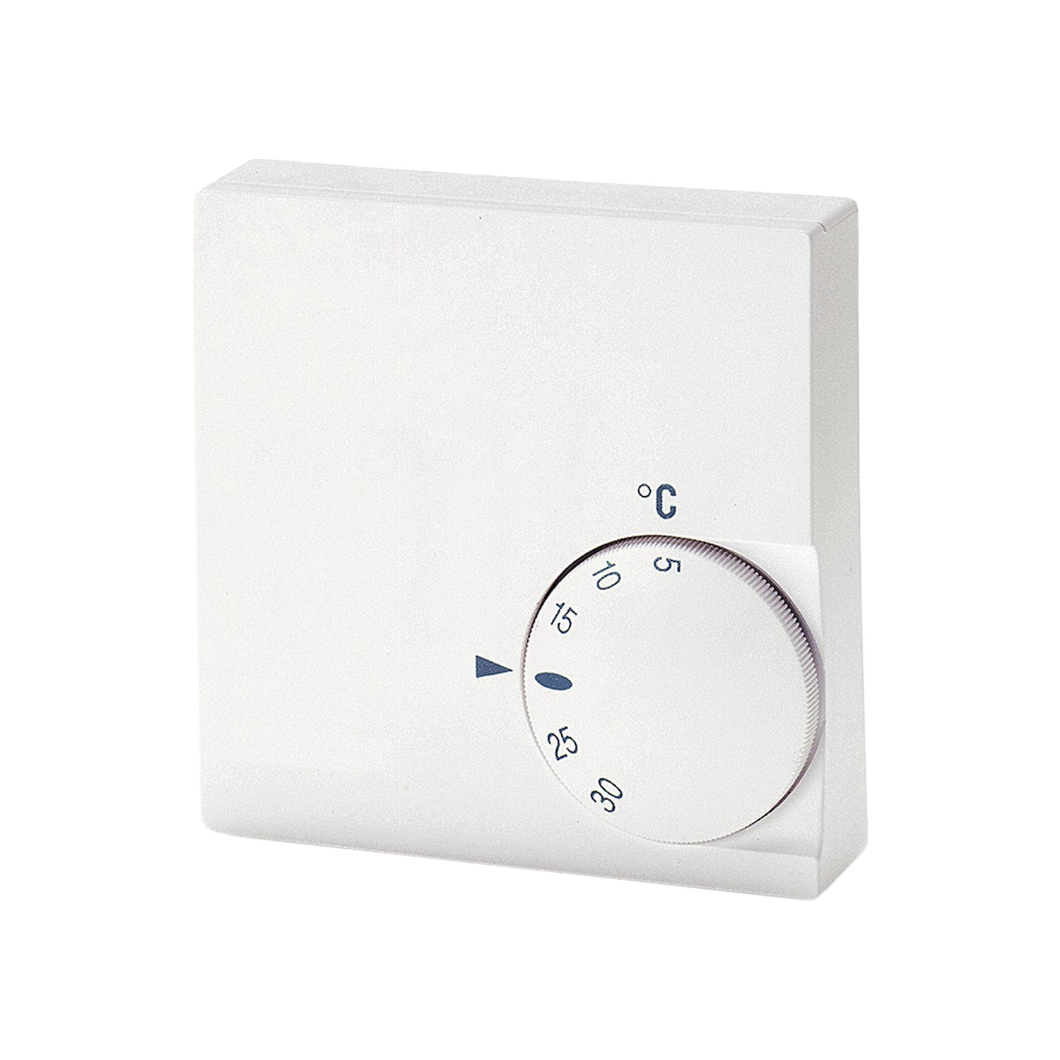 Temperatursensor TS-1030/UP von Kingspan STG in kompakter Unterputz-Ausführung. Weißes Gehäuse mit integriertem Sollwertsteller zur präzisen Einstellung des Temperaturbereichs von +5 °C bis +30 °C. Geeignet für diskrete Wandmontage in Innenräumen.