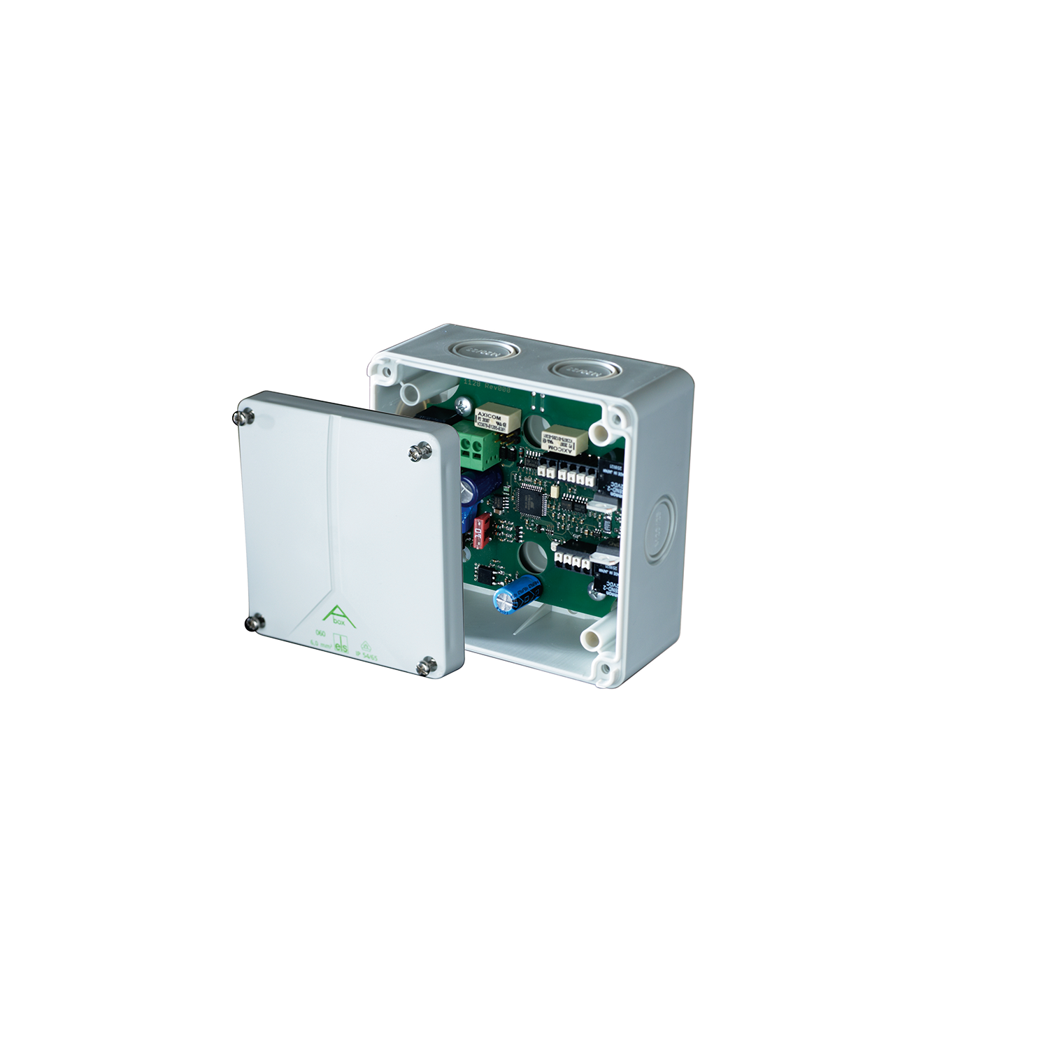 Synchronmodul SM3 von Kingspan STG in kompaktem Gehäuse zur elektrischen Synchronisation mehrerer Fensterantriebe. Das Modul ermöglicht den gleichmäßigen Lauf von bis zu drei Linearantrieben und sorgt für eine zuverlässige Fensteröffnung und -schließung.