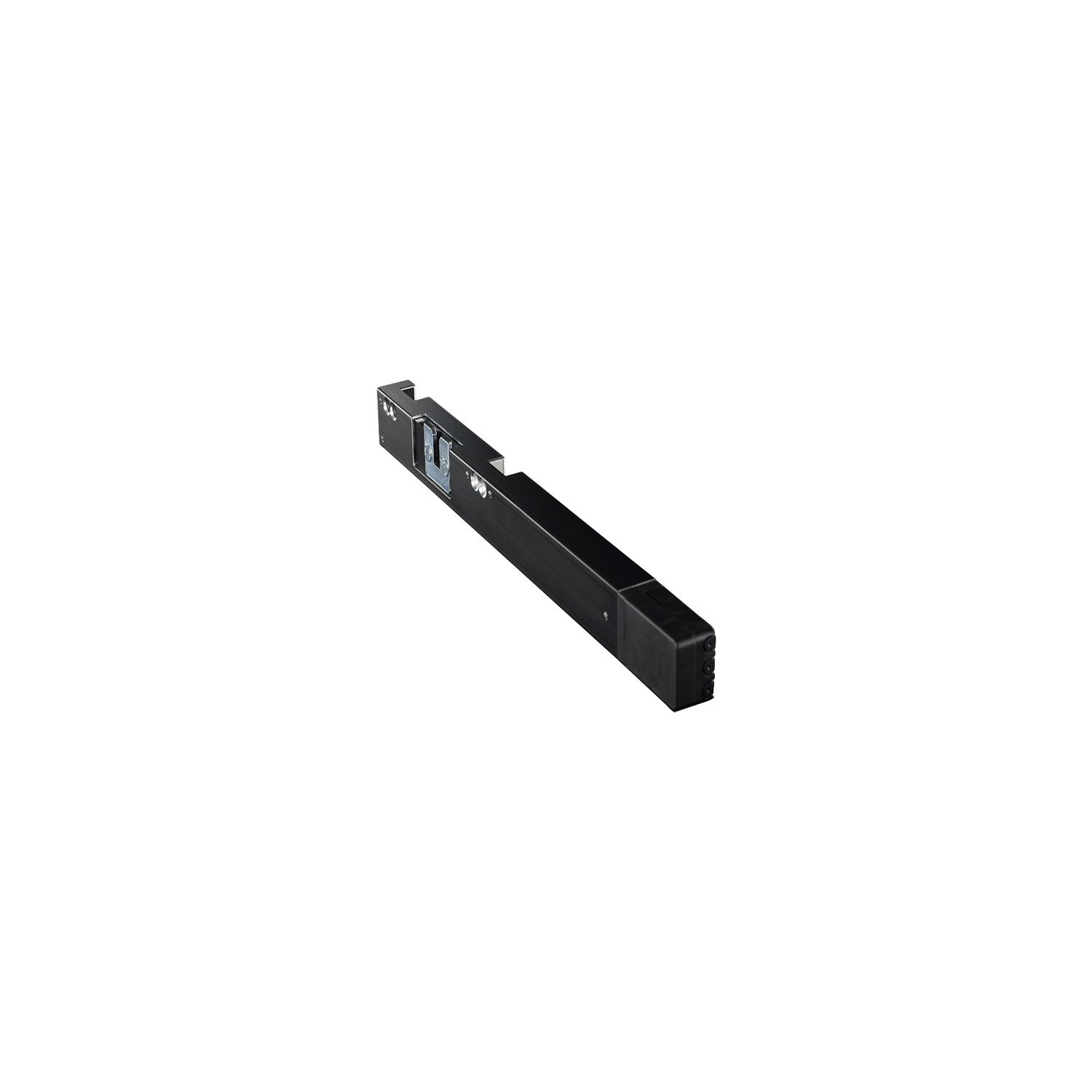 Riegelantrieb RM mini – Kompakte Lösung zur Fensterverriegelung Sehr keiner und Kompakter Riegelantrieb RM mini zur profilintegrierten Ent- und Verriegelung von Fenstern über den Beschlag, dargestellt in schwarzem Aluminiumgehäuse