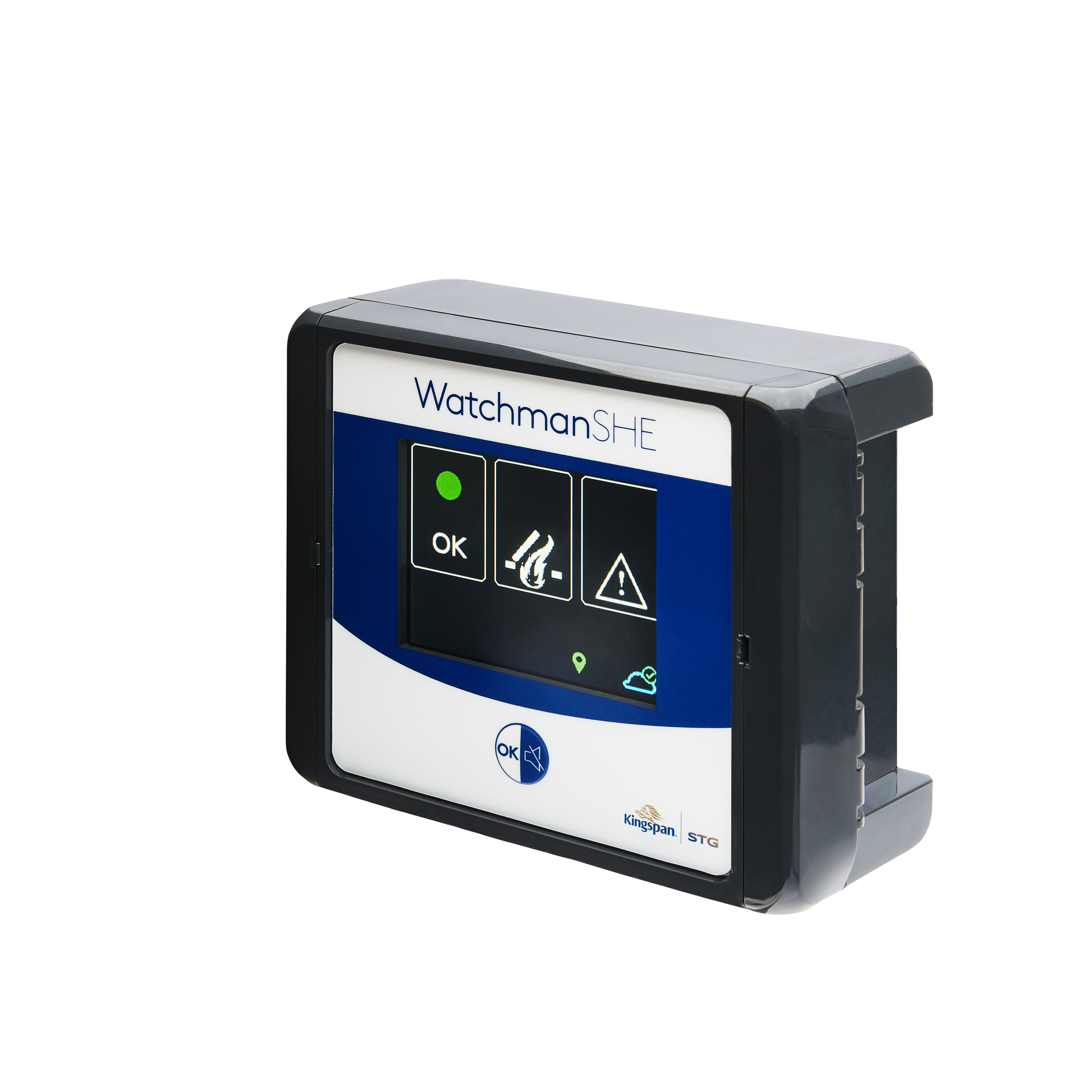 WatchmanSHE Fernüberwachungssystem für RWA-Steuerungen – Echtzeit-Statusübertragung mit USV und LED-Anzeige Das Bild zeigt das WatchmanSHE Fernüberwachungsmodul von Kingspan STG, montiert in einer RWA-Anlage. Die LEDs signalisieren den aktuellen Zustand der Steuerung, während die integrierte Kommunikationseinheit den Status in Echtzeit an die Kingspan Cloud übe