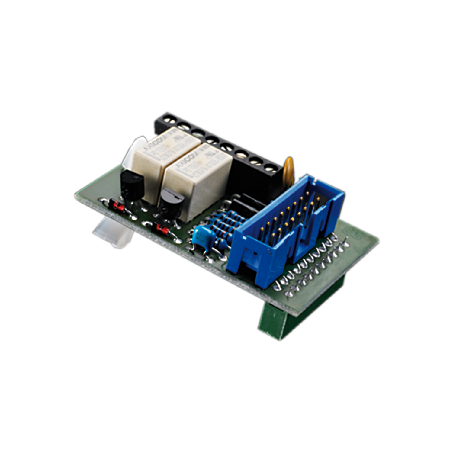 Das Bild zeigt das Zusatzmodul TRZ/WRMAS-Basic, ein kompaktes Nachrüstmodul zur Integration von Wind- und Regenmeldern in RWA-Steuerzentralen wie der TRZ Plus 2A oder Kompaktzentrale 2A (/M). Das Modul verfügt über Anschlussklemmen für potenzialfreie Kont